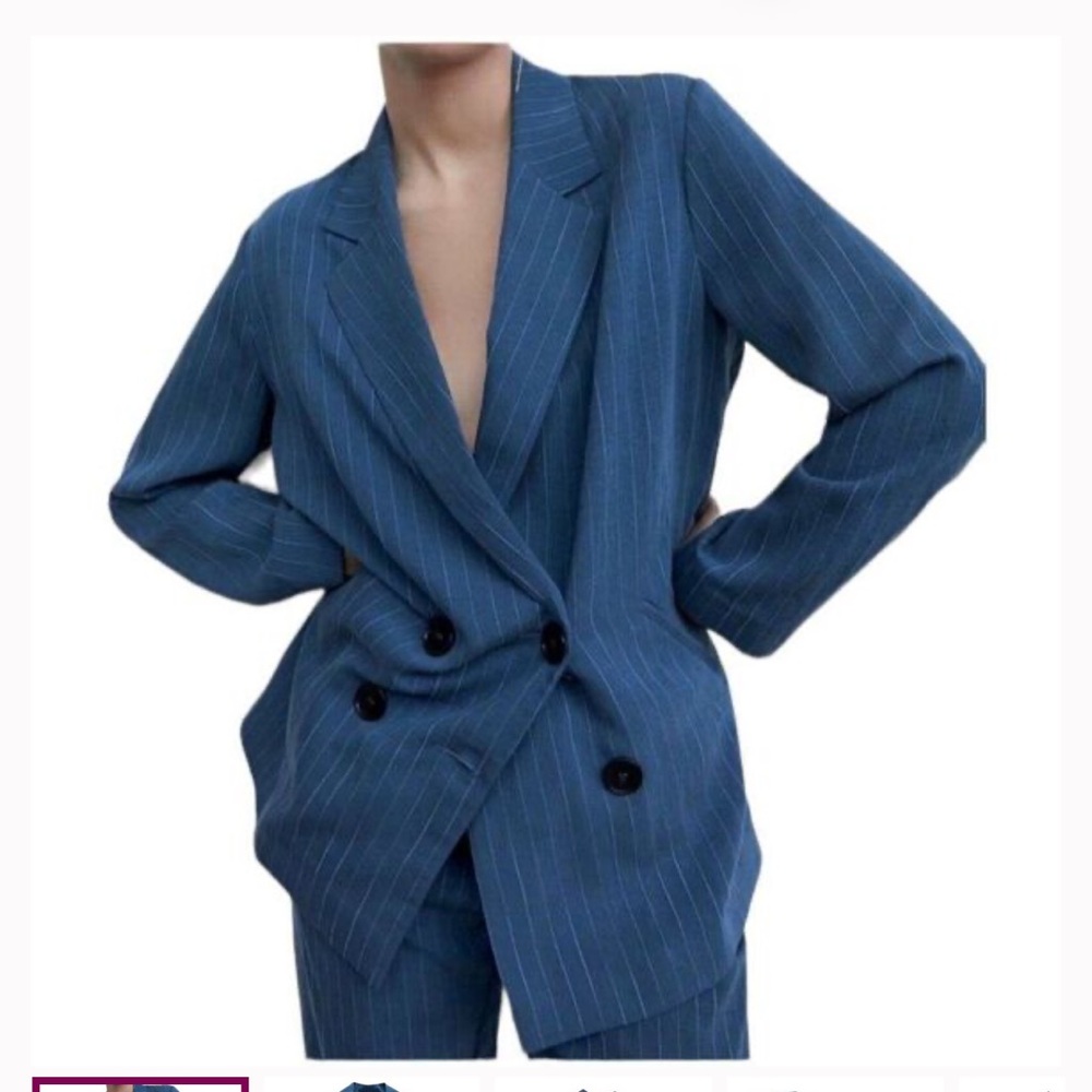 ZARA Blazer  Blue‎ Pinstripe Double-breasted Oversized Jacket Lapel Collar